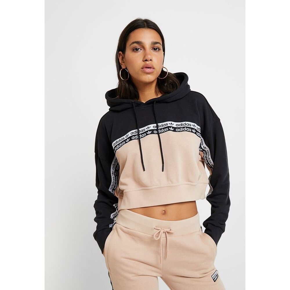 Adidas Crop Hoodie Sweatshirt Trefoil Ash Pearl Black Tan Womens Size L